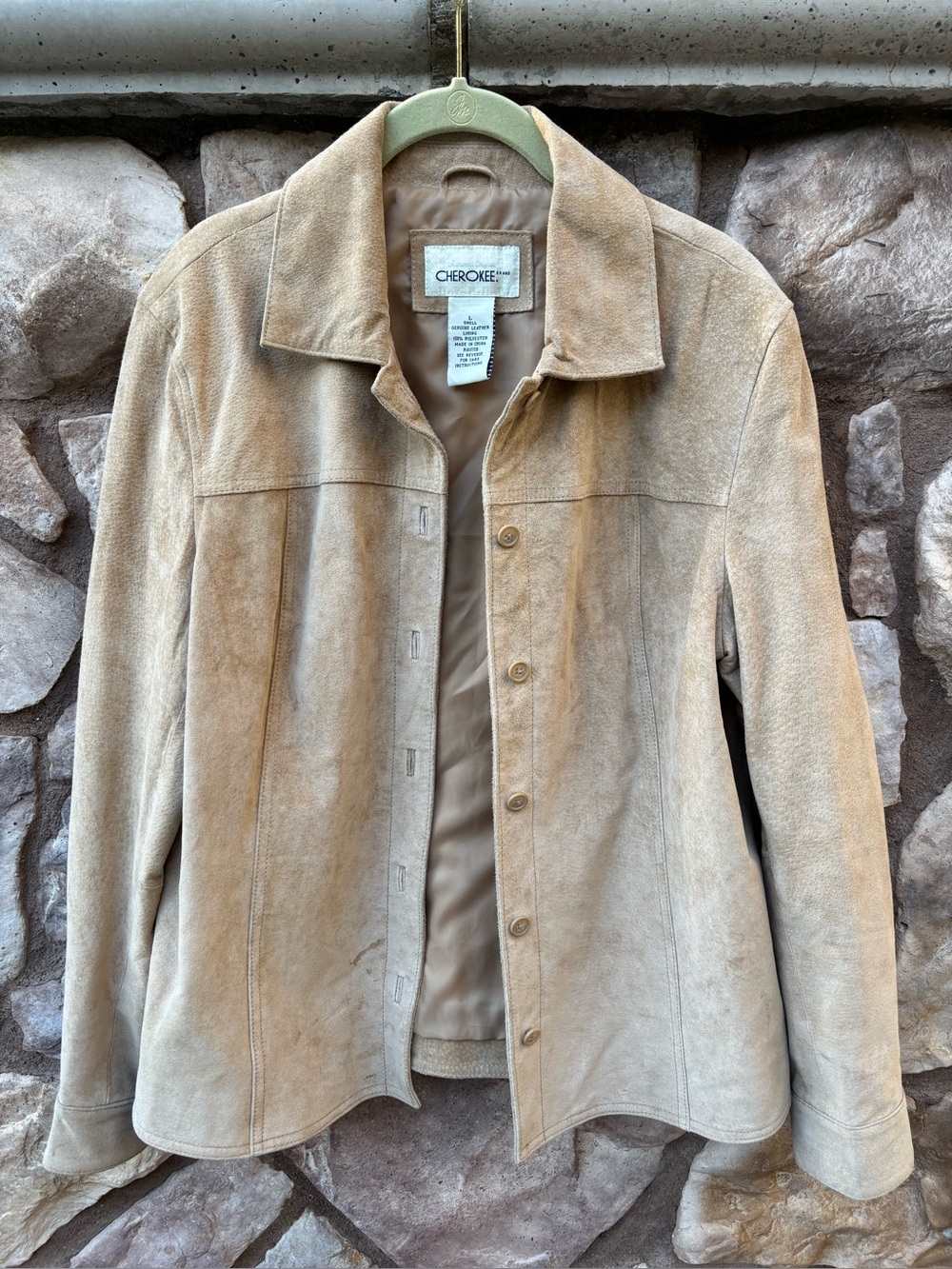 Vtg 90s Cherokee Suede Leather Jacket Womens L Tan Button Front Collared Shacket